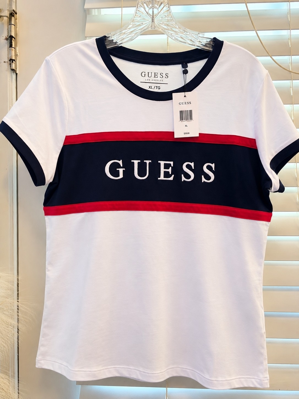 GUESS White Navy Red Logo Stripe Short Sleeve Tee